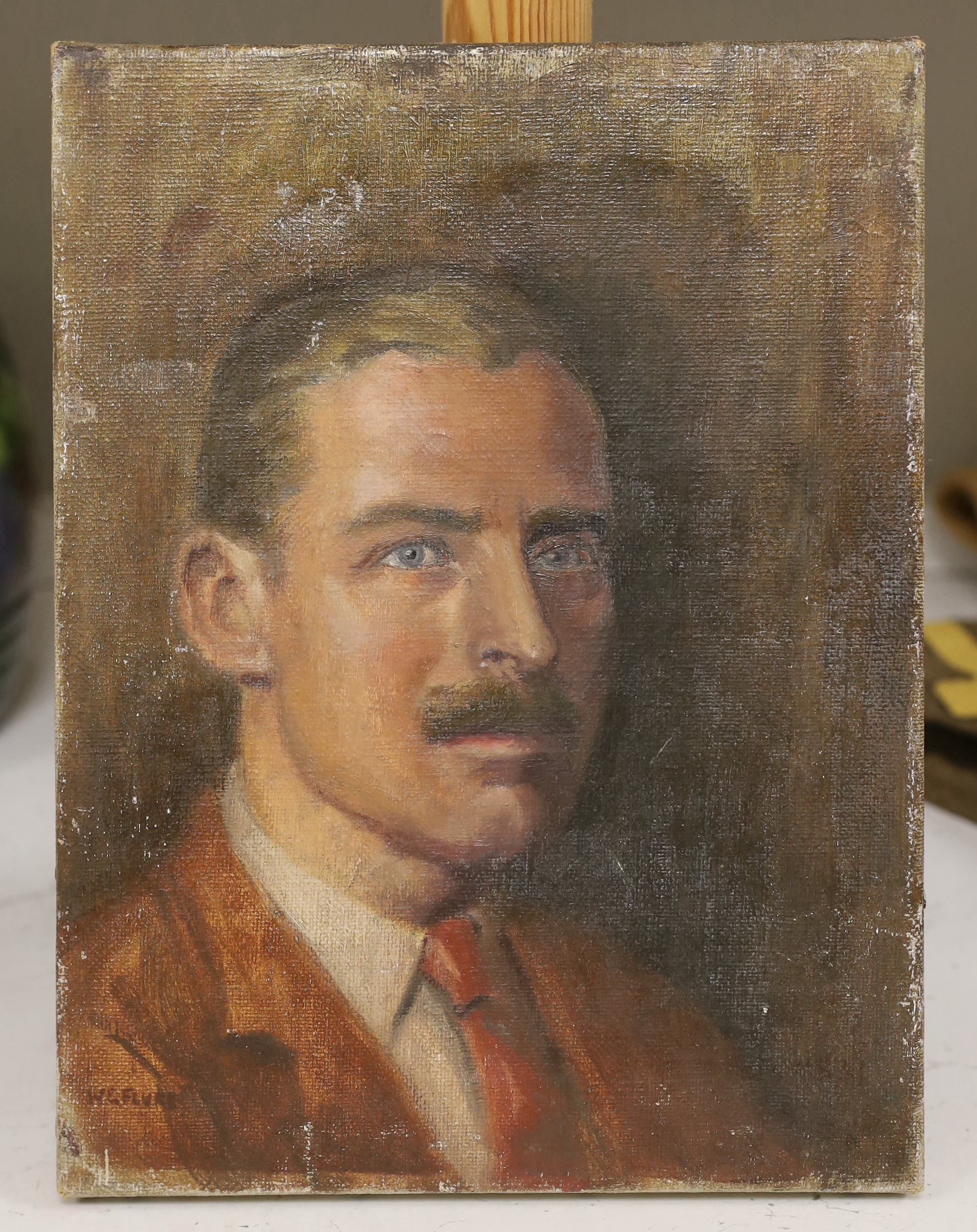 W. E. Flurt, oil on canvas, Head and shoulders portrait of a gentleman, indistinct stamp verso, signed, 30 x 23cm, unframed